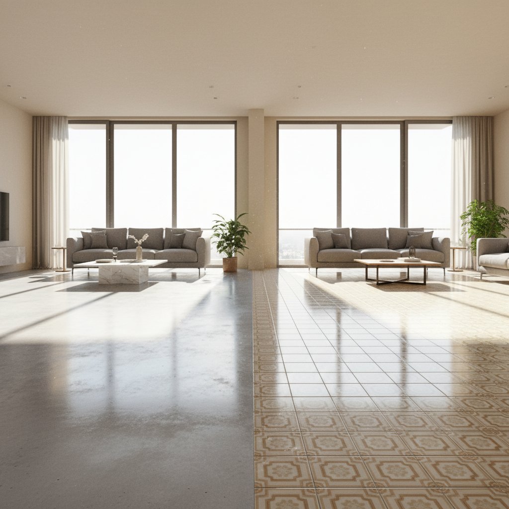 Comparison of polished concrete and traditional ceramic tiles in modern Singapore ground floor living room showing surface texture and finish quality